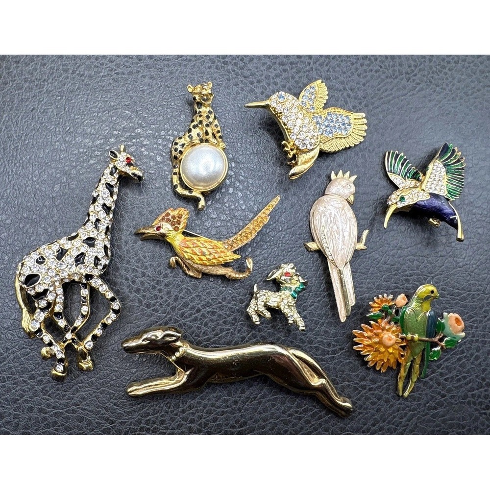 VTG Lot of 9 Figural Animal Brooch Giraffe Bird Tiger Parrot Enamel Rhinestone